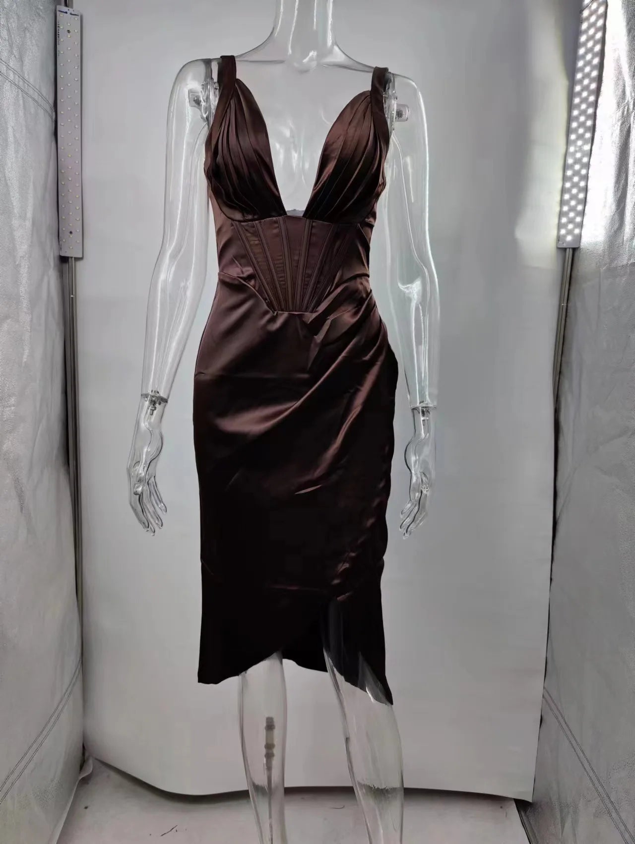 Deep V Neck Spaghetti Strap Satin Dresses