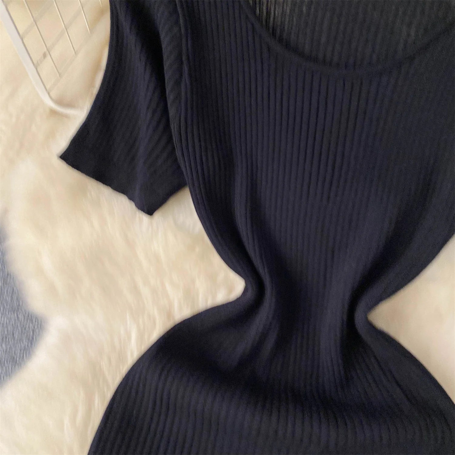 Elegant Stripe Knit Short Sleeves Mesh Patchwork Long Dress