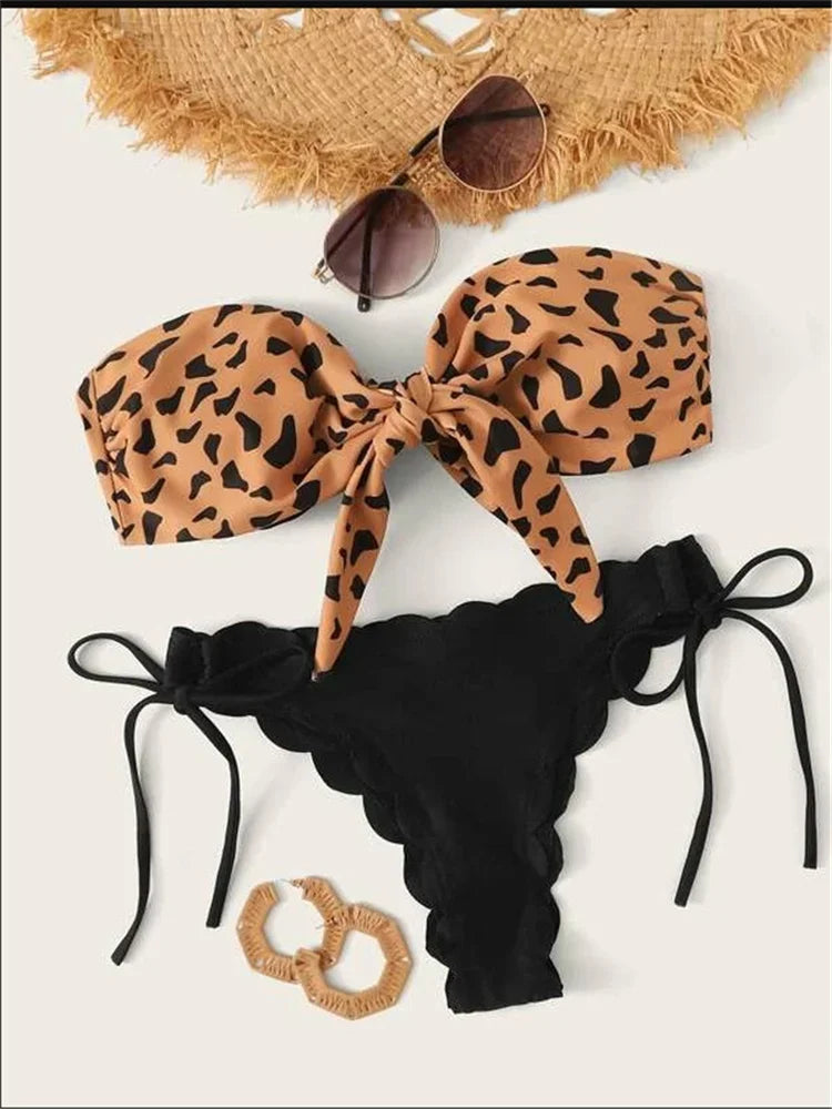 Lace Up Tie Bandeau Leopard Swimsuit Female Push Up Ruffled Bow Bathing Suit Swimwear