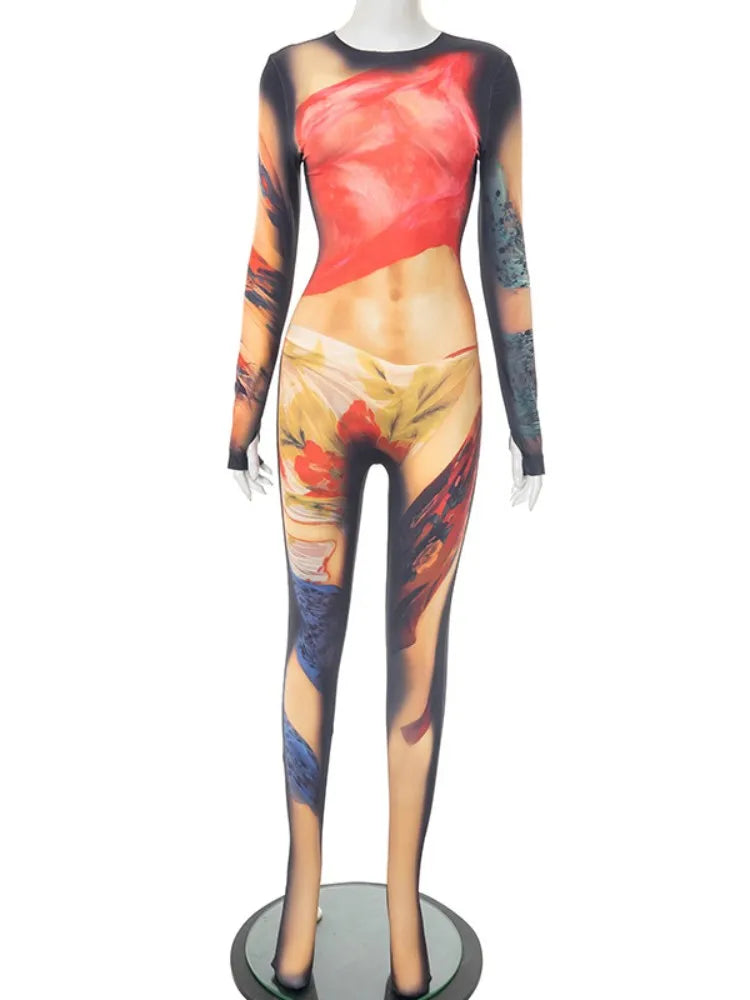 Round Neck Long Sleeve Skinny Jumpsuit
