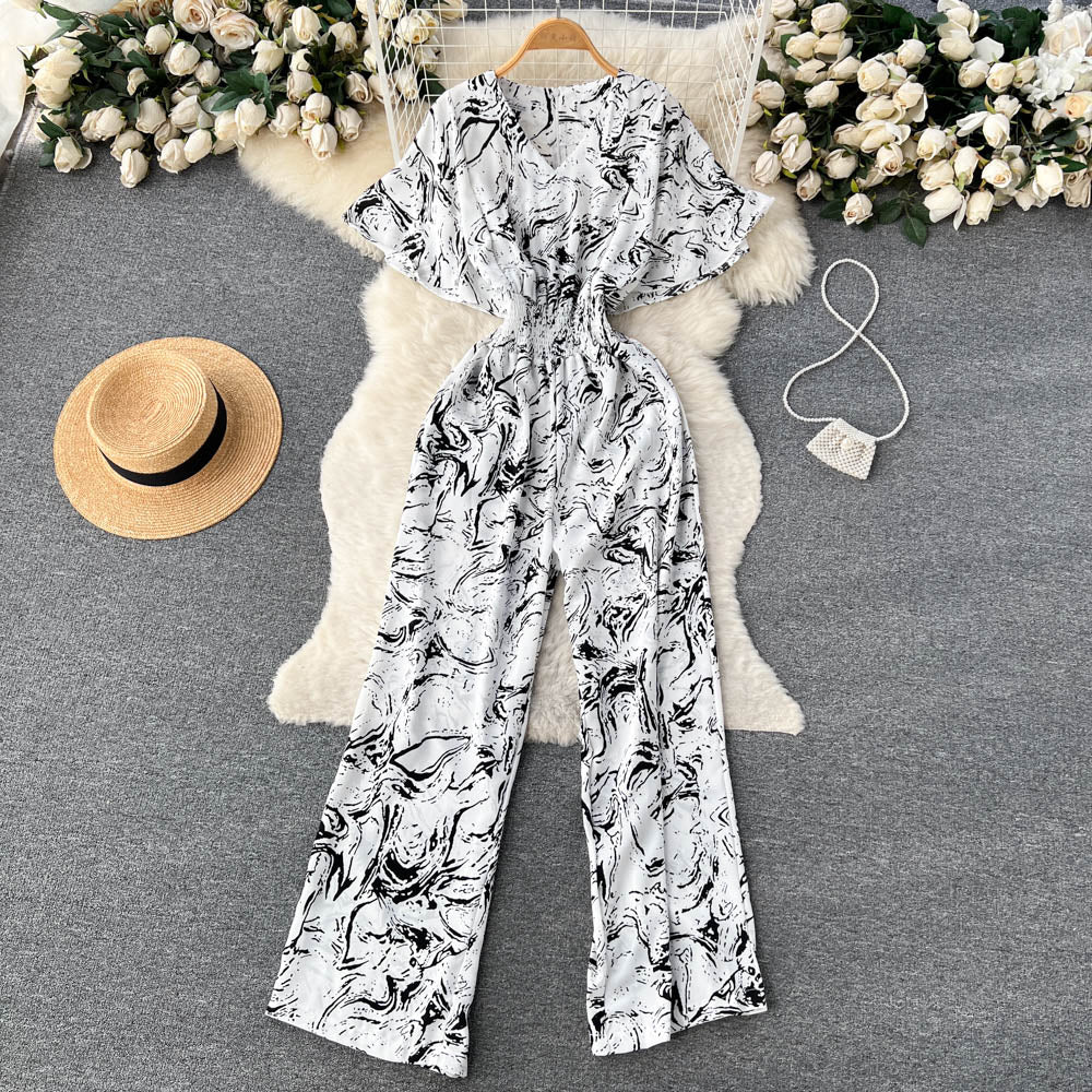 Floral V Neck Jumpsuits Retro Long Rompers