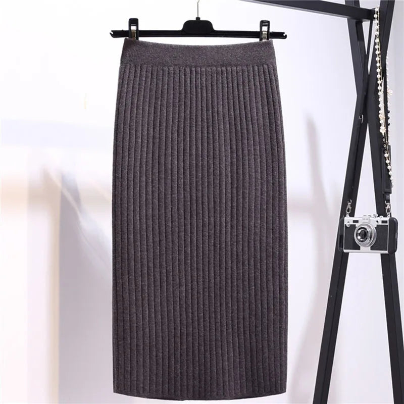 Stylish Knitted Slim Elastic High Waist Split Wrap Skirt Autumn Winter Skirts