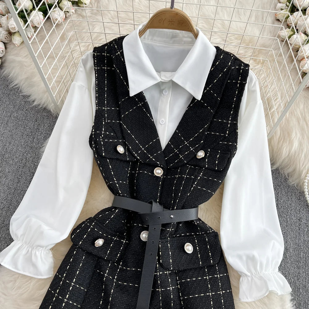 Temperament Lapel White Shirt+V-neck Single Breasted Tweed Vest  Two-piece Set Dress