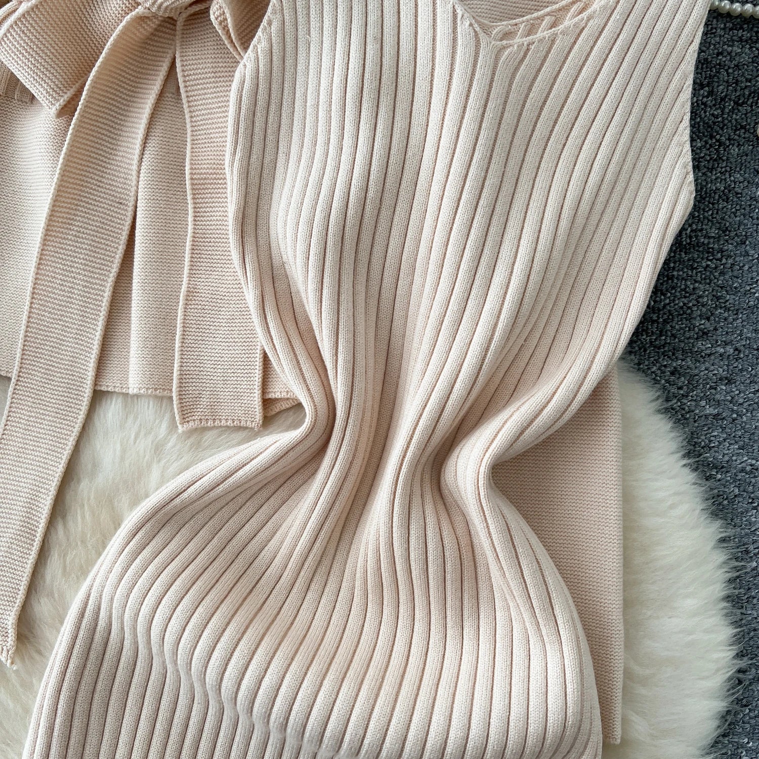 Lace Up Slim Cardigan+Sling Long Bodycon Solid Sweater Dress Two Piece Set