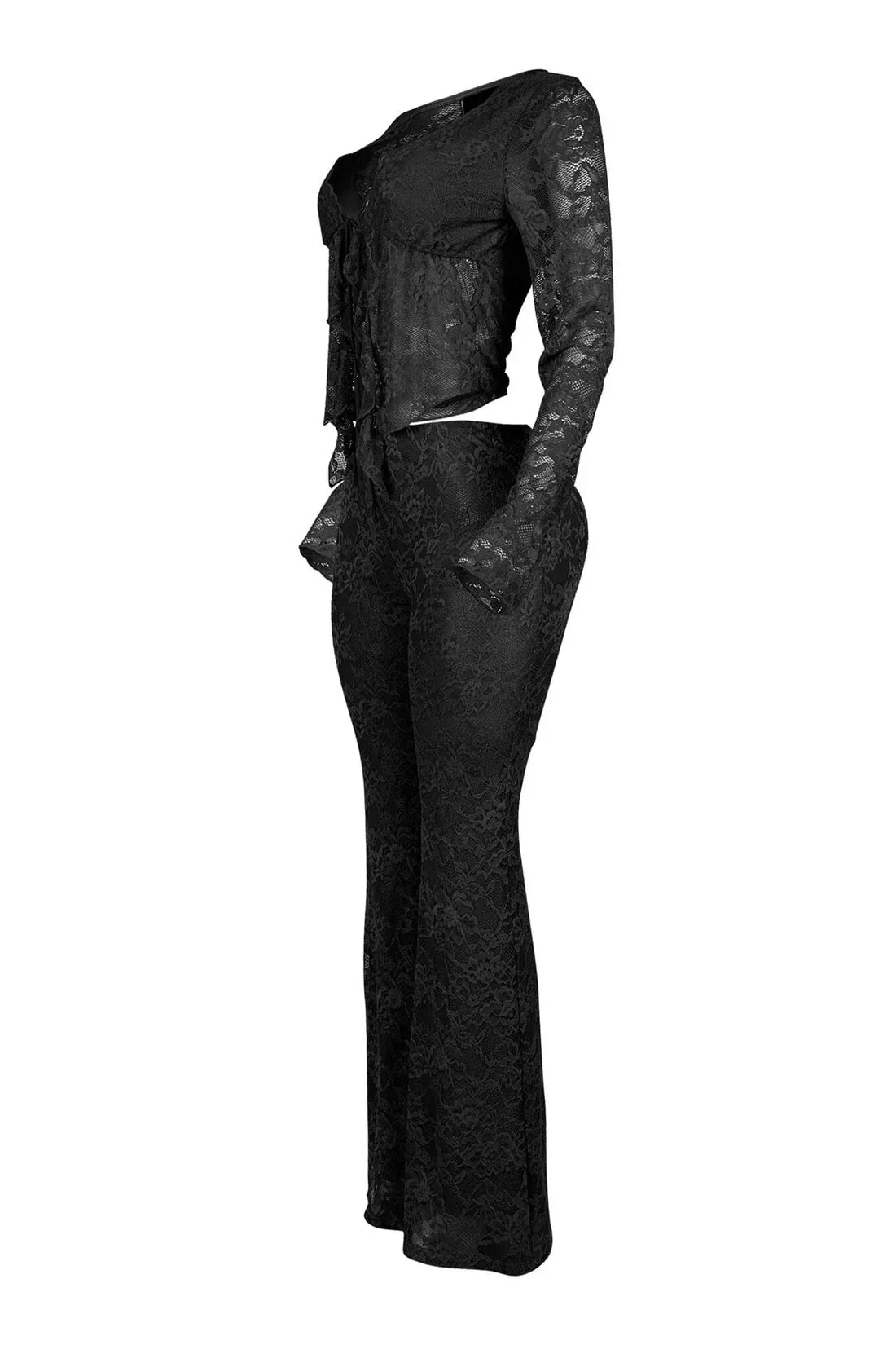 Long Sleeve Lace See Through Shirt + Long Pants Two Piece Sets