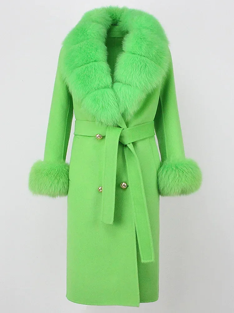 Real Fur Natural Wool Blends Cashmere Double Breasted Belt Warm Coat