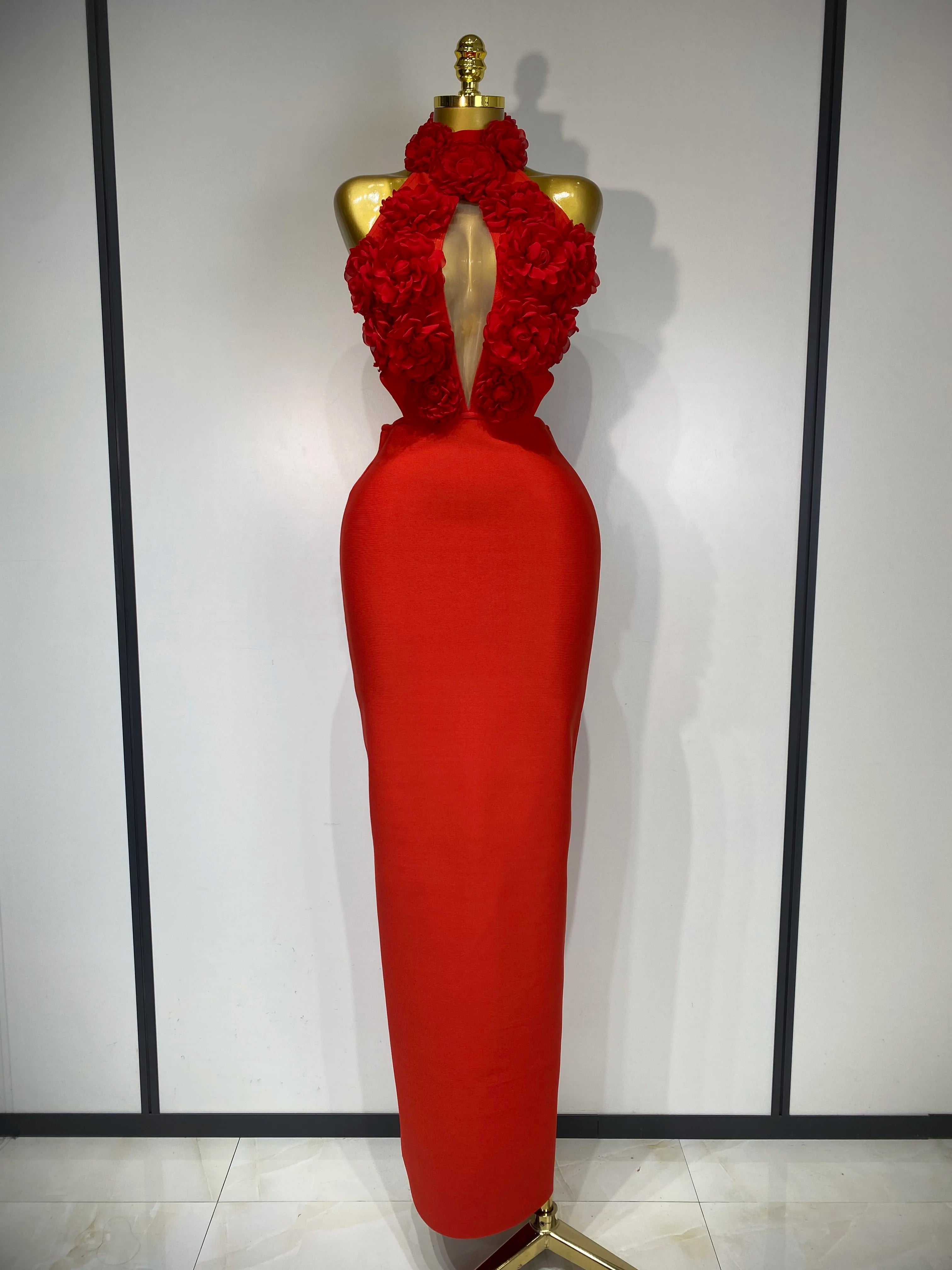 Halter Hollow Out Flowers Bodycon Bandage Luxury Dress
