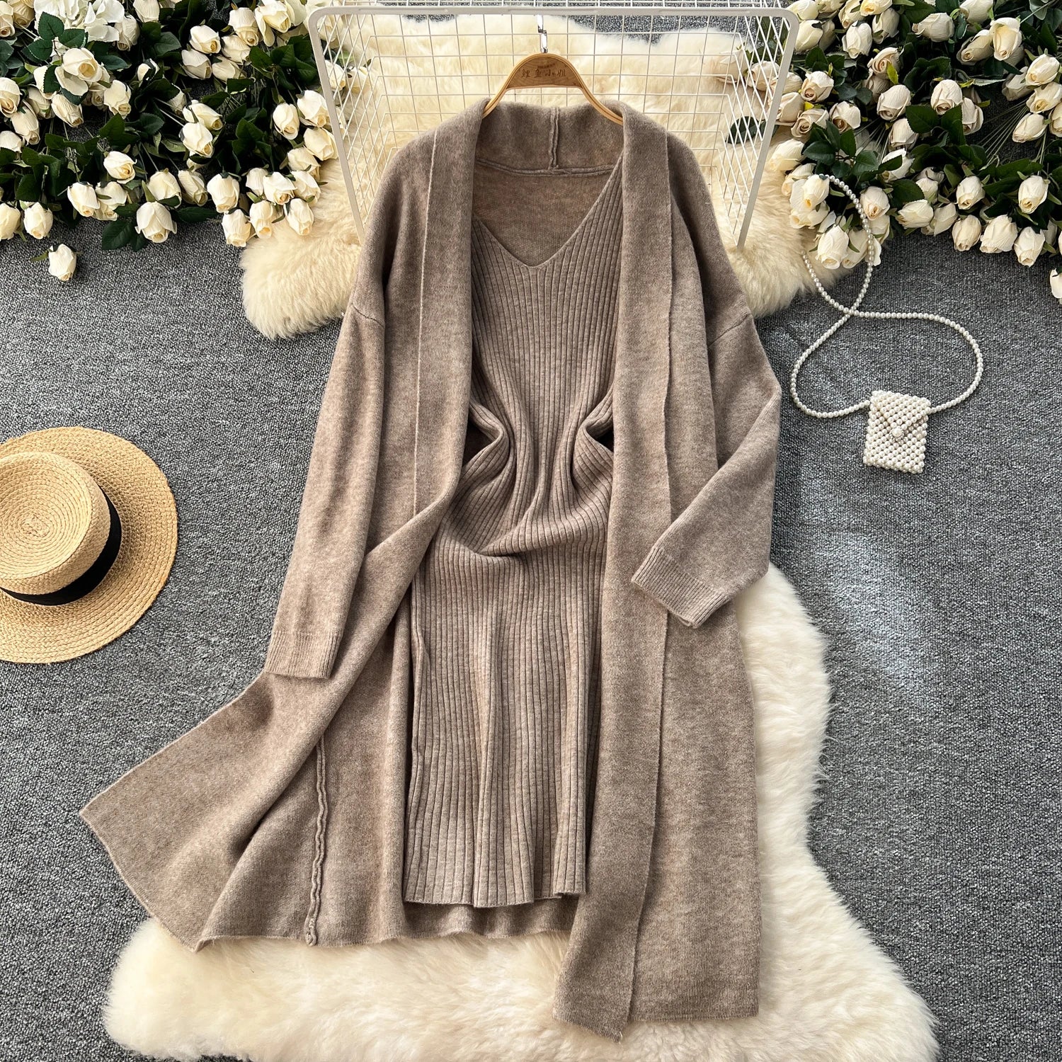 Knitted Two-Piece Sets  Knitting Cardigan+Spaghetti Strap Bodycon Dress