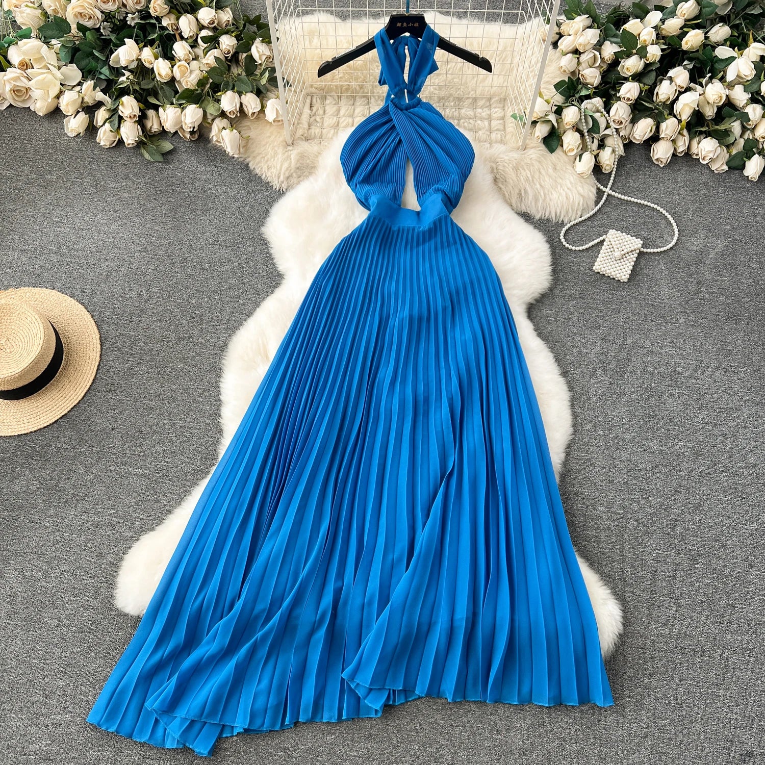 Halter Pleated Hollow Out Backless Solid Chic Sundress Irregular Long Beach Party Dress