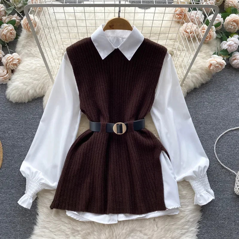 Luxury Style Loose-fit Long Sleeve White Shirt Side Slit Knit Vest 2-piece Set