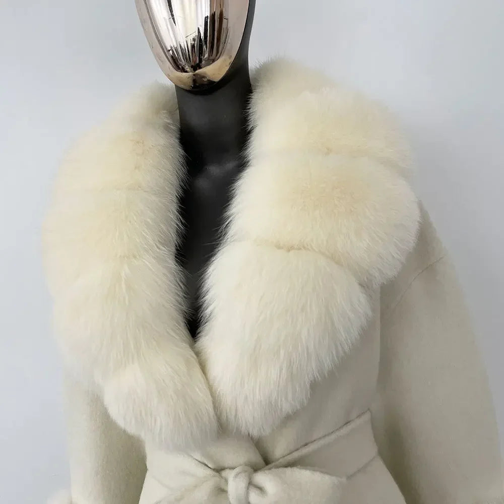 Winter Loose Outerwear Casual Natural Real Raccoon Fox Fur Blends Wool Coat