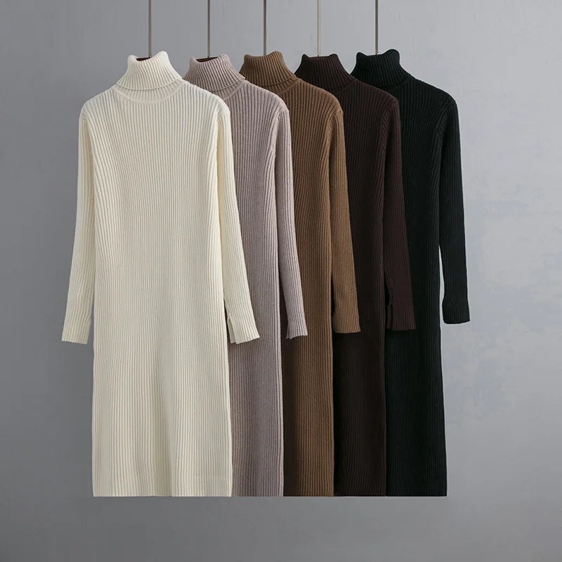 Casual Autumn Winter Knit Sweater Dress  Long Sleeve Turtleneck Bodycon Dress