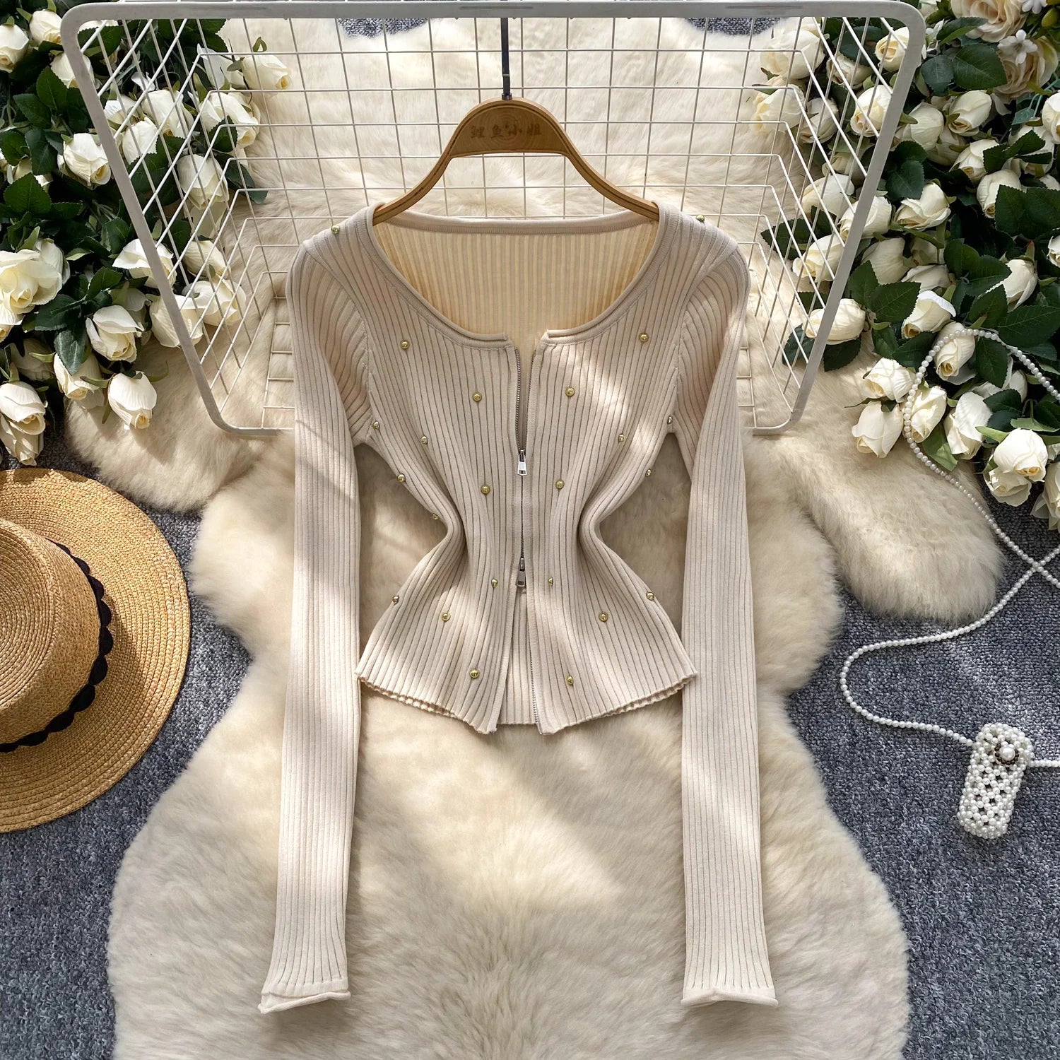 Slim Pullovers Beadings Zippers Short Knitted Skinny Tops