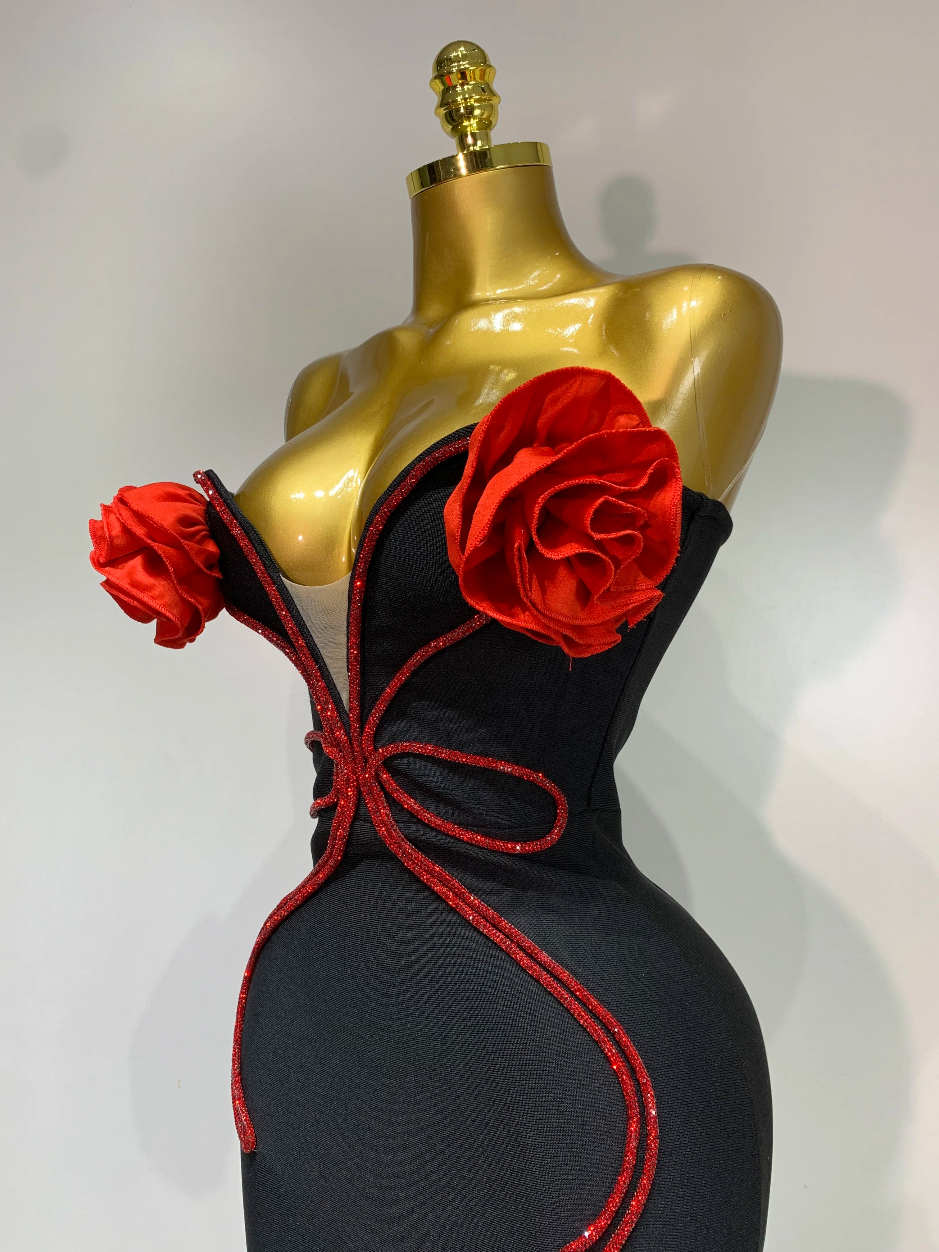 Strapless Flower Appliques Diamond Bodycon Bandage Mermaid Dress