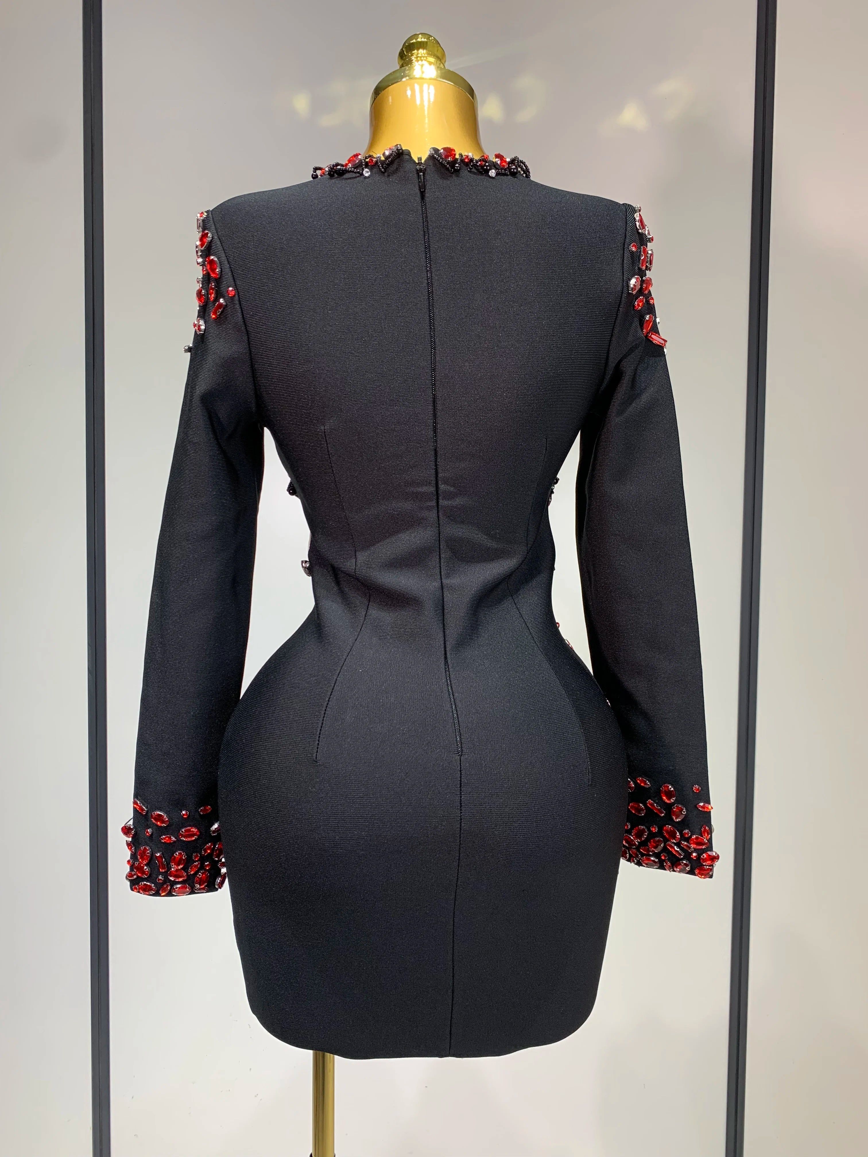Luxury Long Sleeve V Neck Rhinestone Bandage Dress
