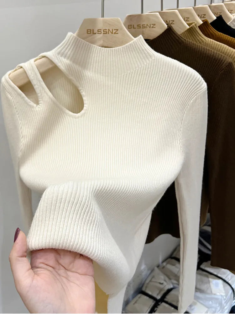 Turtleneck Knitted Ribbed Pullovers Autumn Winter Basic Sweaters