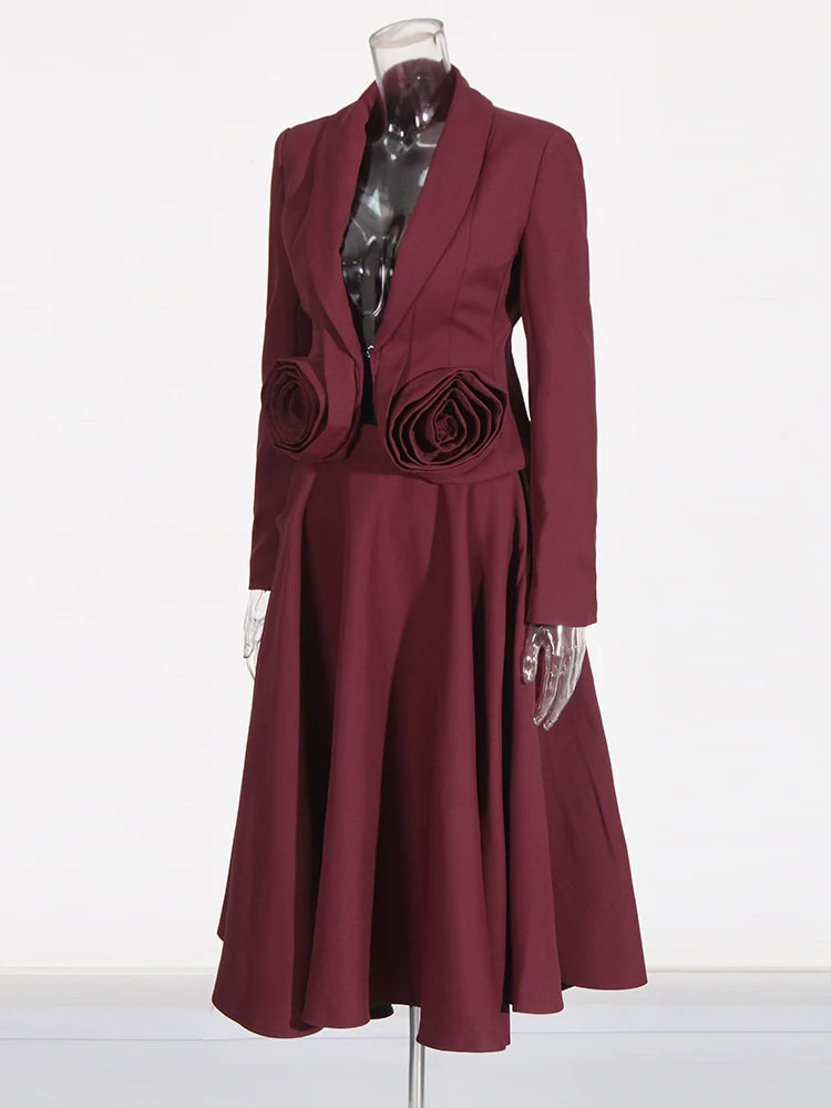 Two Piece Set Lapel Long Sleeve Spliced Appliques Coats High Waist A Line Skirt Set