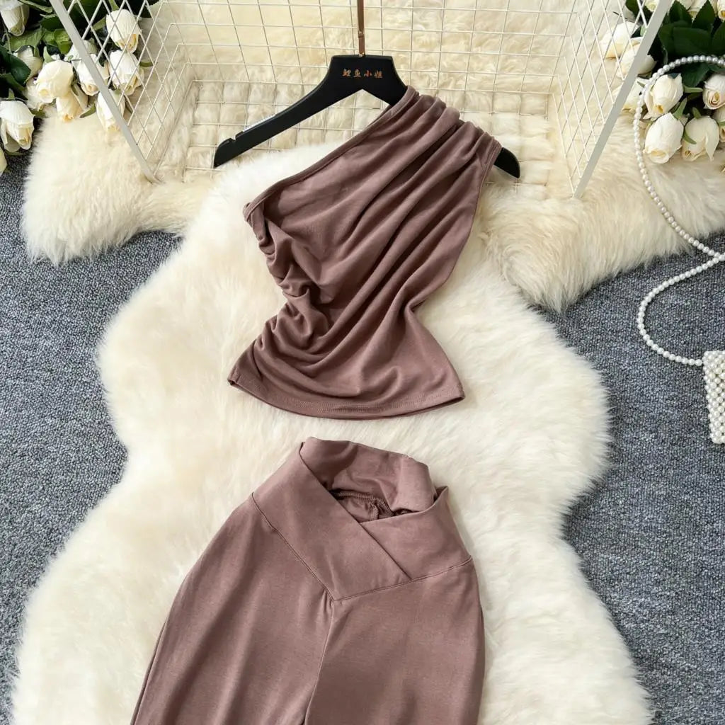 Two Pieces Sets Elegant Chic Skew Collar Pleated Tops + High Waist Flare Casual Pants  Outfits