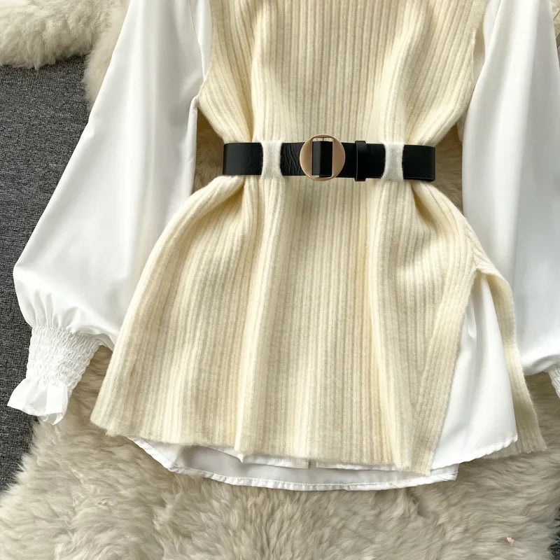 Luxury Style Loose-fit Long Sleeve White Shirt Side Slit Knit Vest 2-piece Set