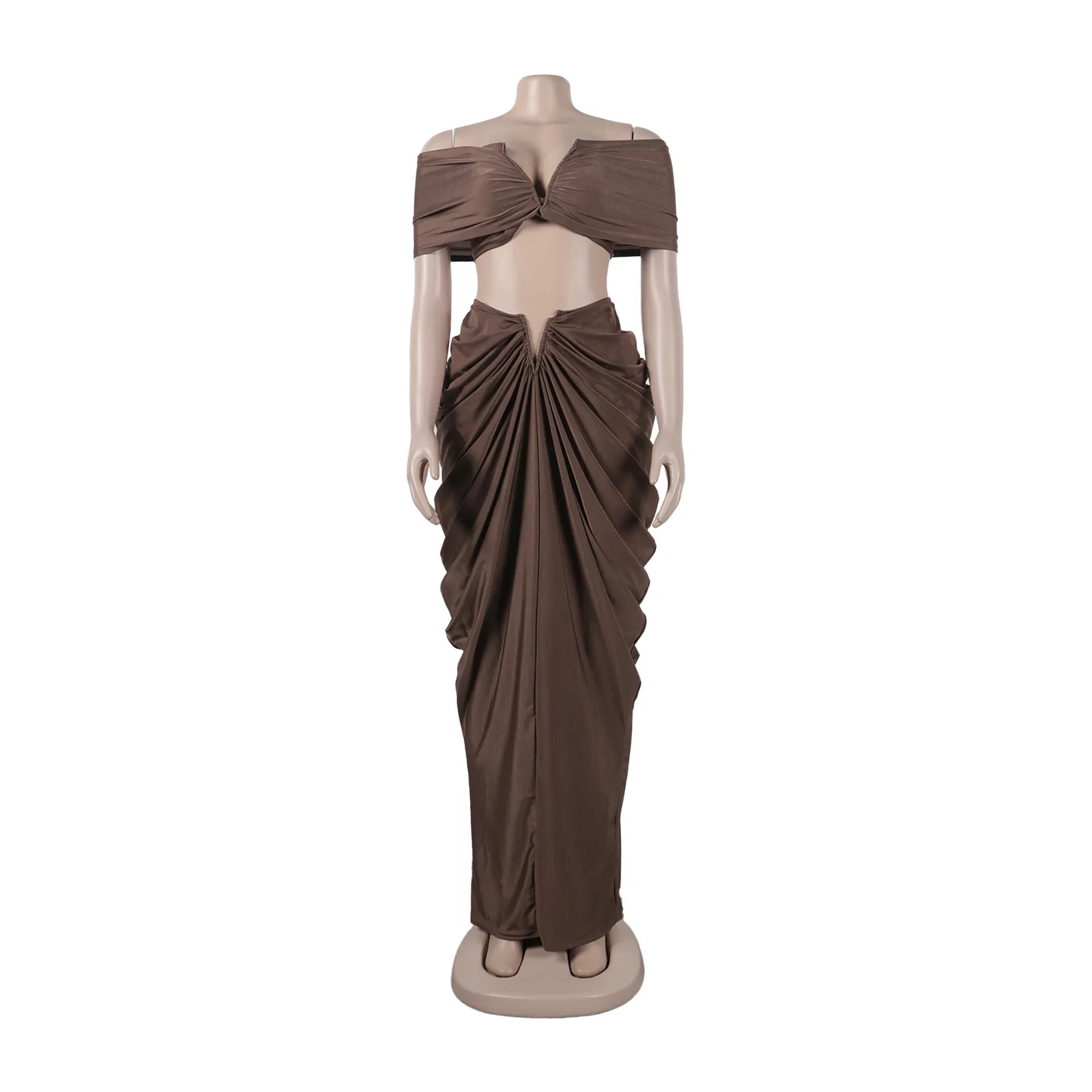 Stacked Ruched Off Shoulder Crop Top and Low Waist Maxi Long Skirts Two Piece Sets