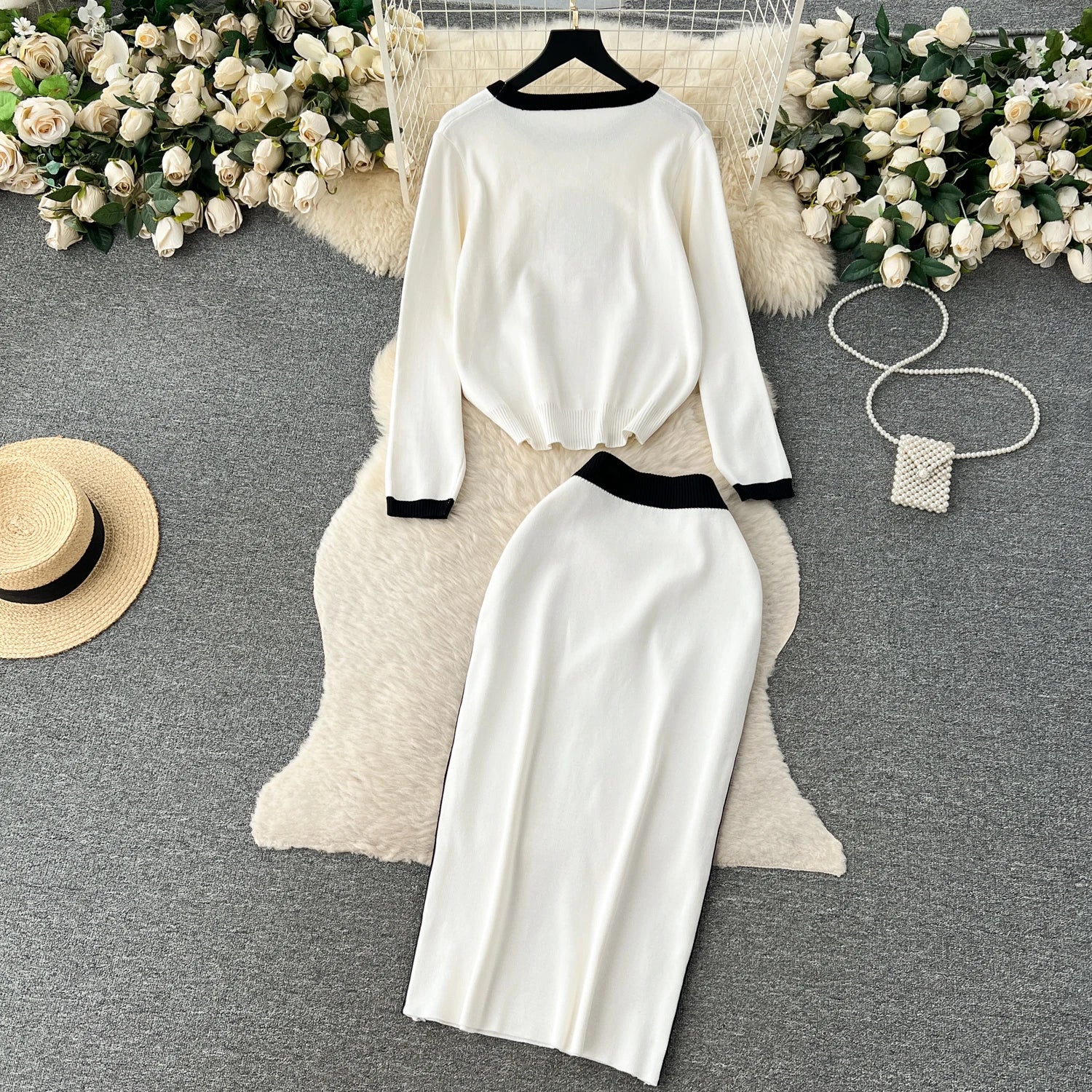 Long Sleeve Pullover Elastic Waist Long Skirt Sweater Suit