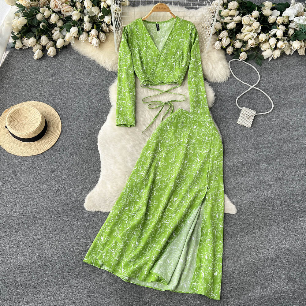 Chiffon Two Pieces Suits Lace Up Top+ Split Long Skirt Sets