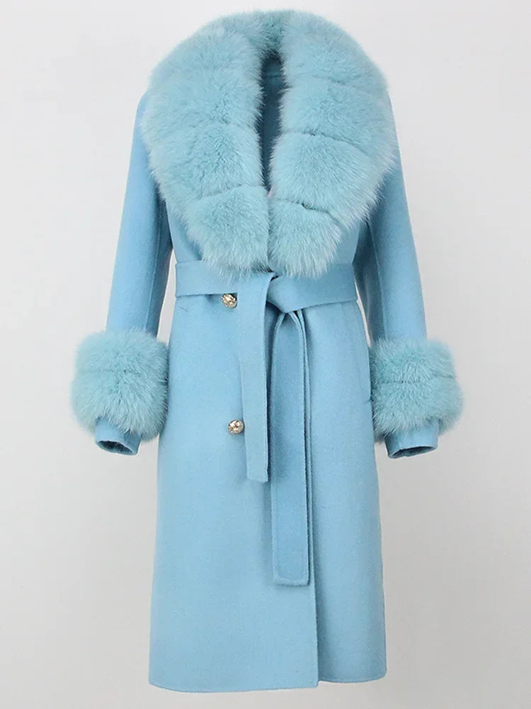 Real Fur Natural Wool Blends Cashmere Double Breasted Belt Warm Coat