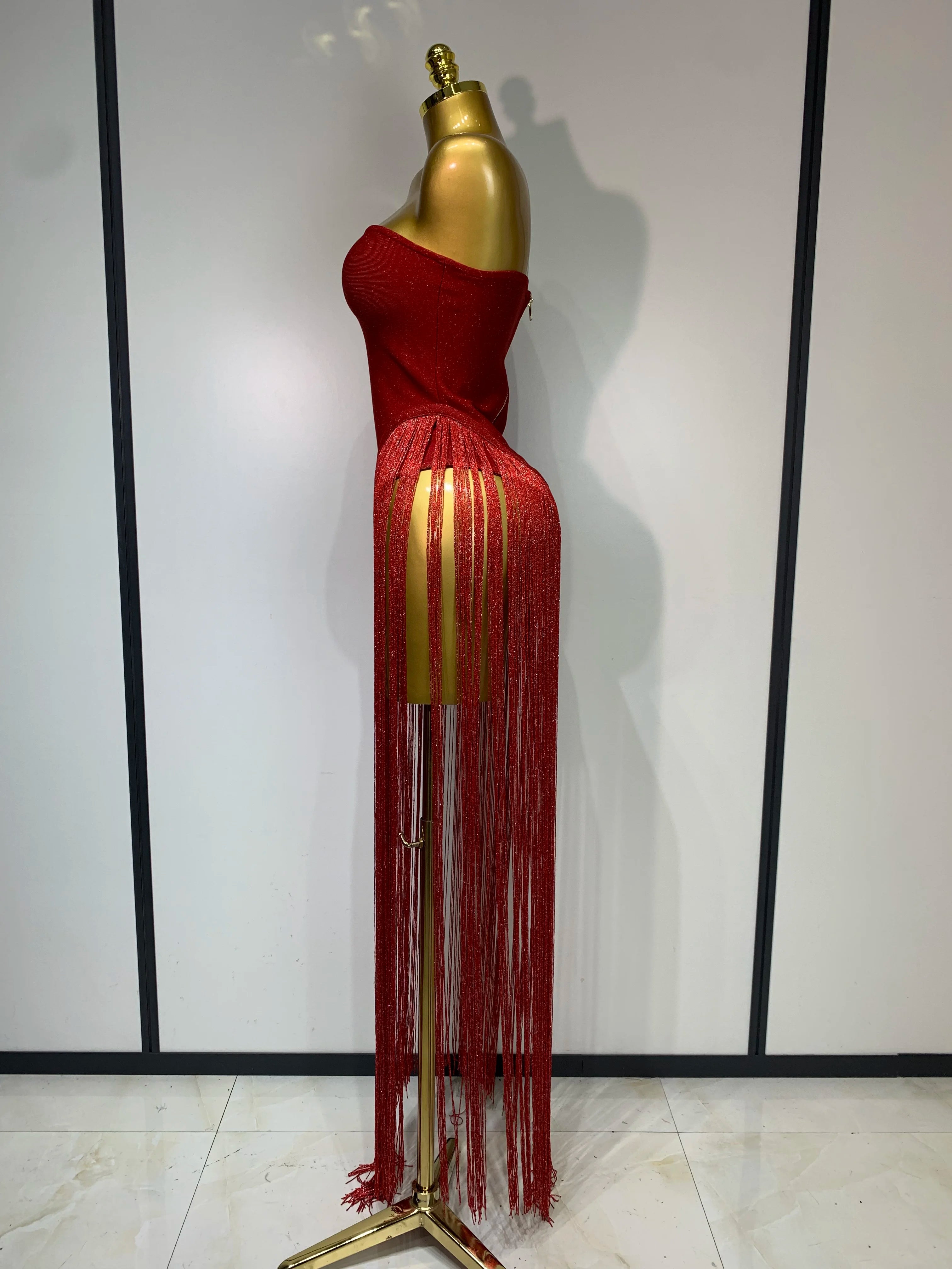 Luxury Long Tassel Patchwork Strapless Bandage Bodysuit Dress
