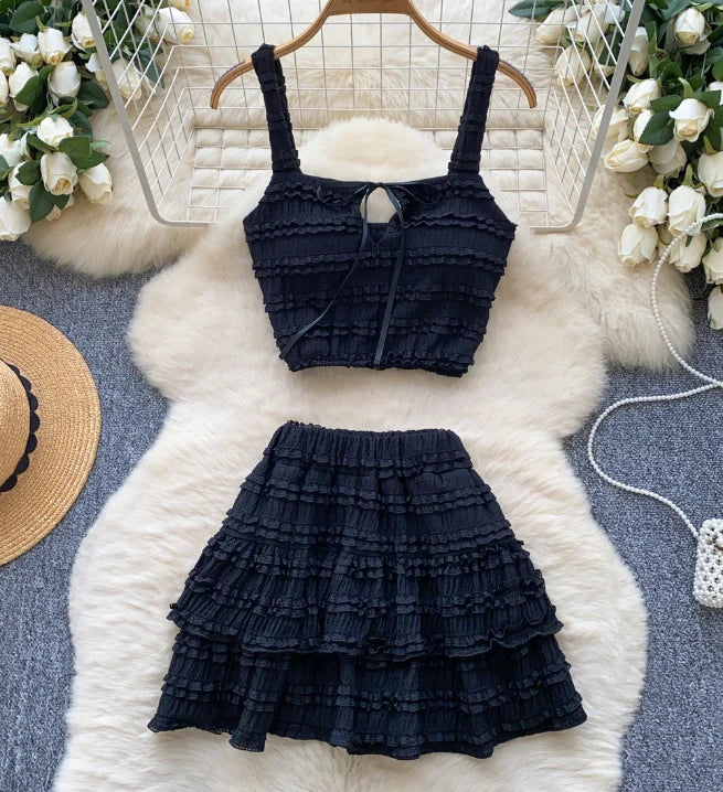 Sleeveless Tank Top and Ruched Mini A-line Skirts Two Piece Set