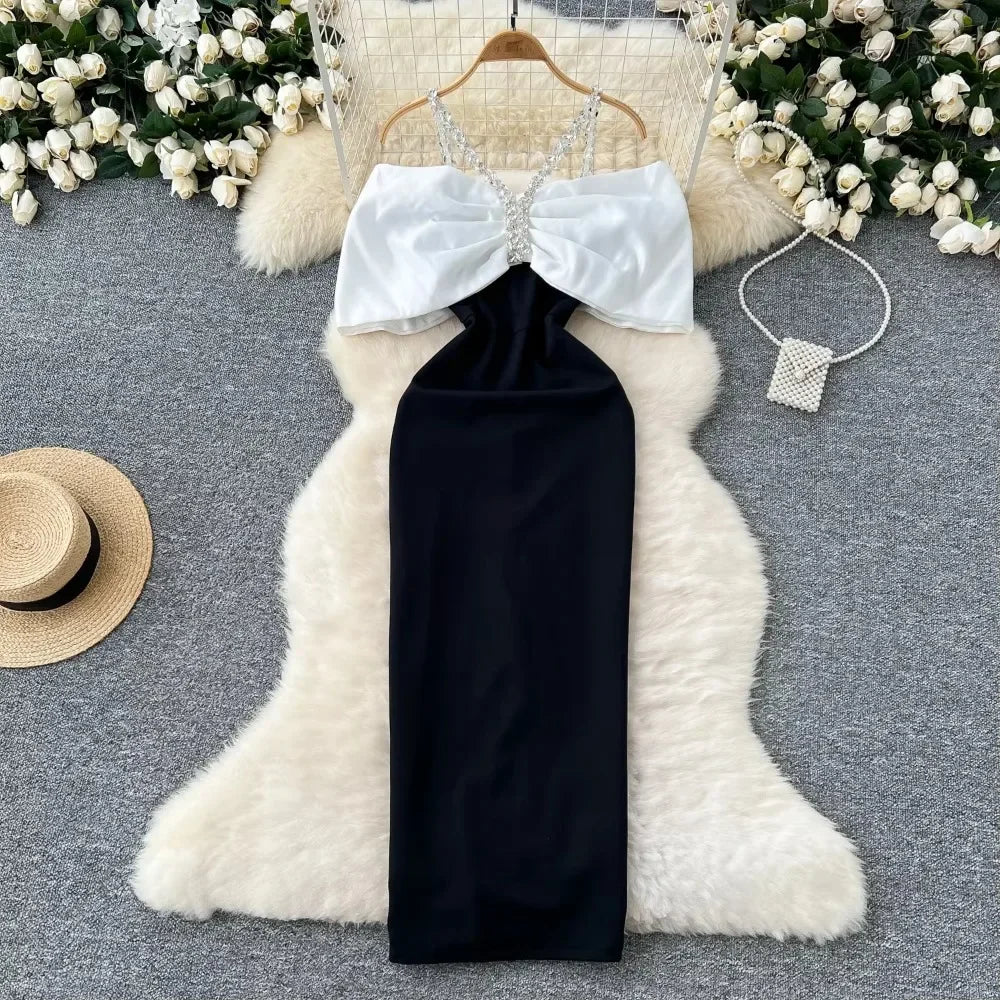 Elegant Rhinestone Chain Halter Off Shoulder Vintage Dress