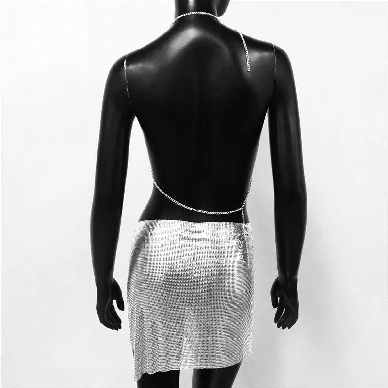 Metal Sequins 2 Piece Set Backless Halter Tank Tops Split Mini Skirts