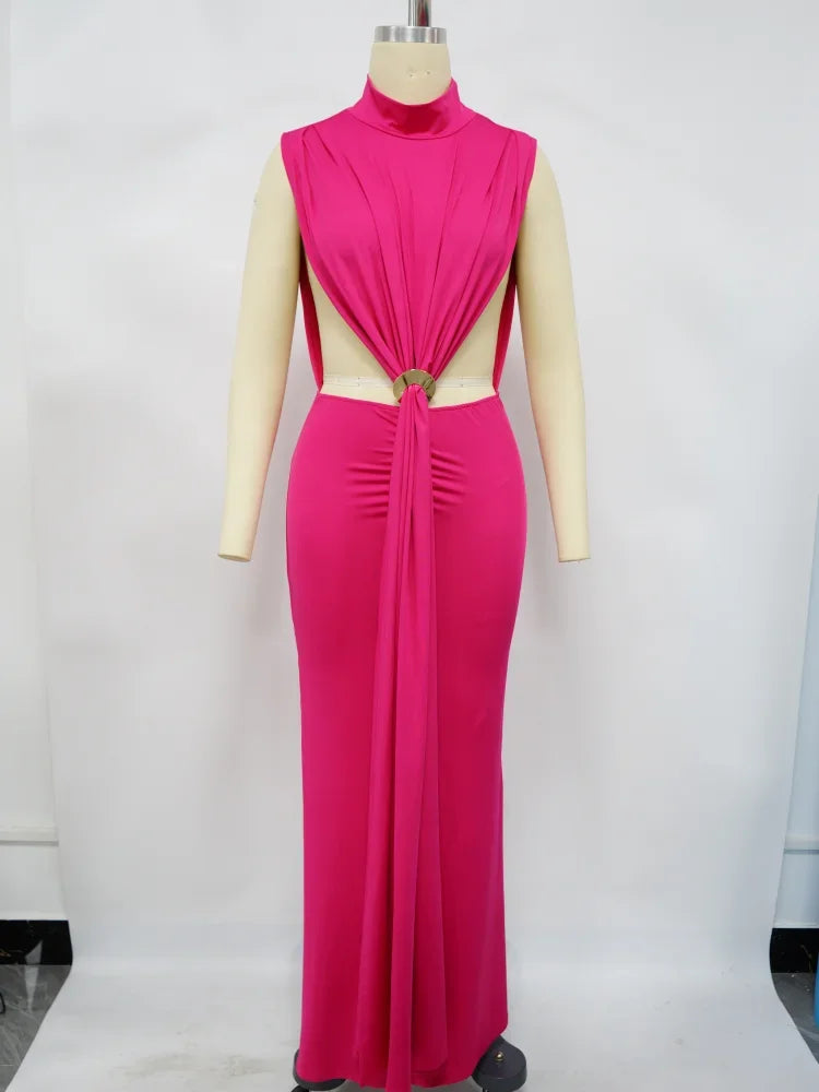 O-neck High Split Ruched Stacked Bodycon Midi Maxi Dress