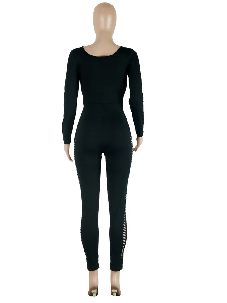 Long Sleeve O Neck Black Hollow Out Tight Jumpsuit