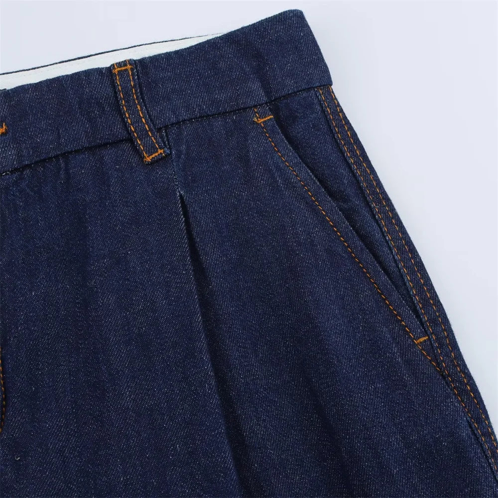 Denim Set Loose Fit Button Down Shirt With Wide Leg Pants