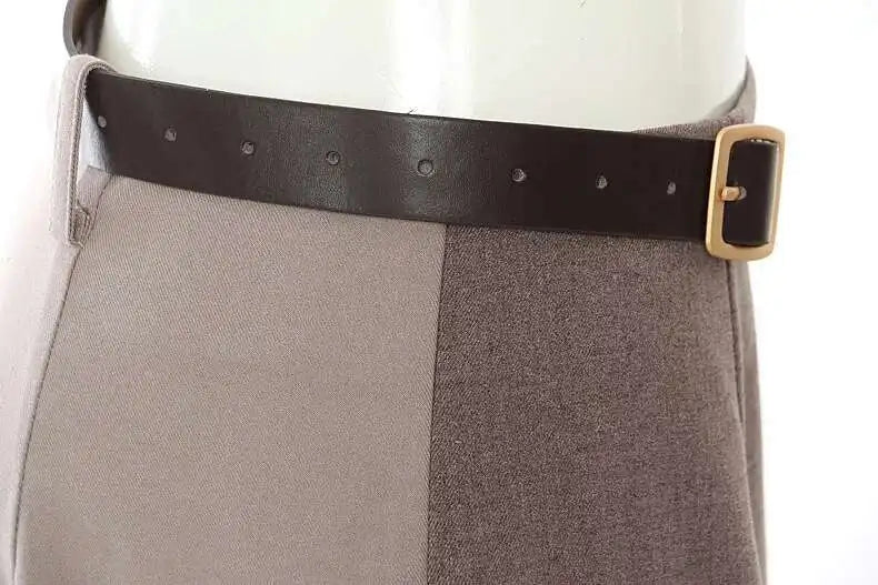 French Niche Asymmetrical High Waist Spliced Belt Solid Slim Skirt