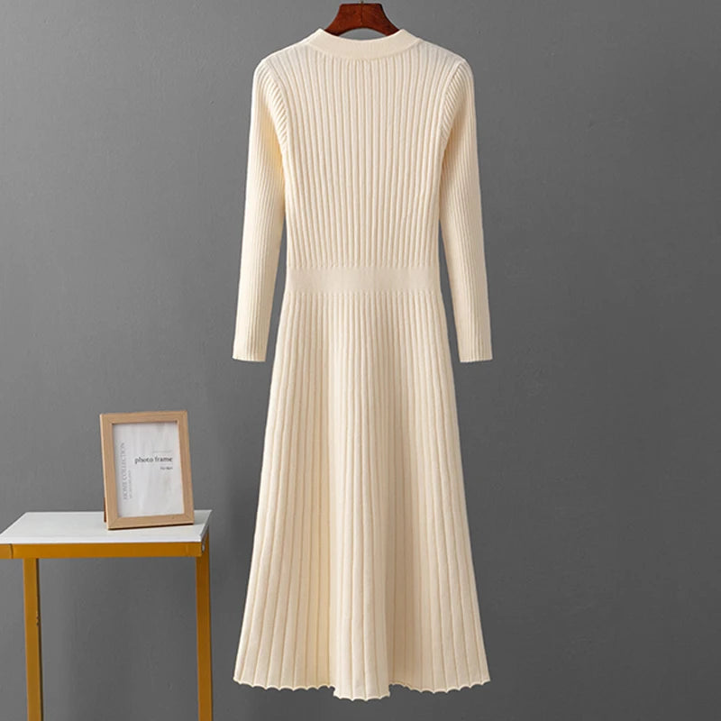 Long Sleeve Midi Knitted O Neck Sweater Dresses