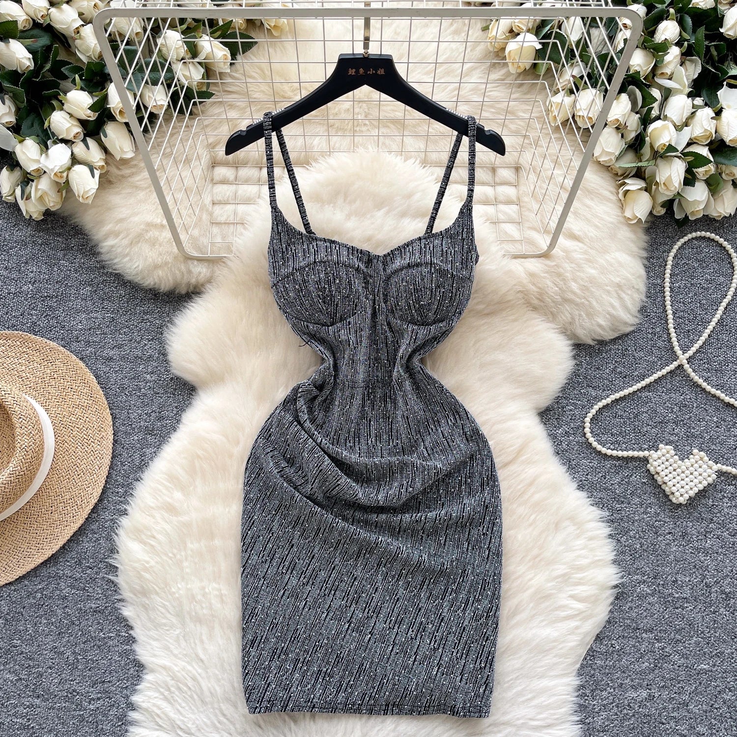 Spaghetti Strap Diamonds Design Backless Dress