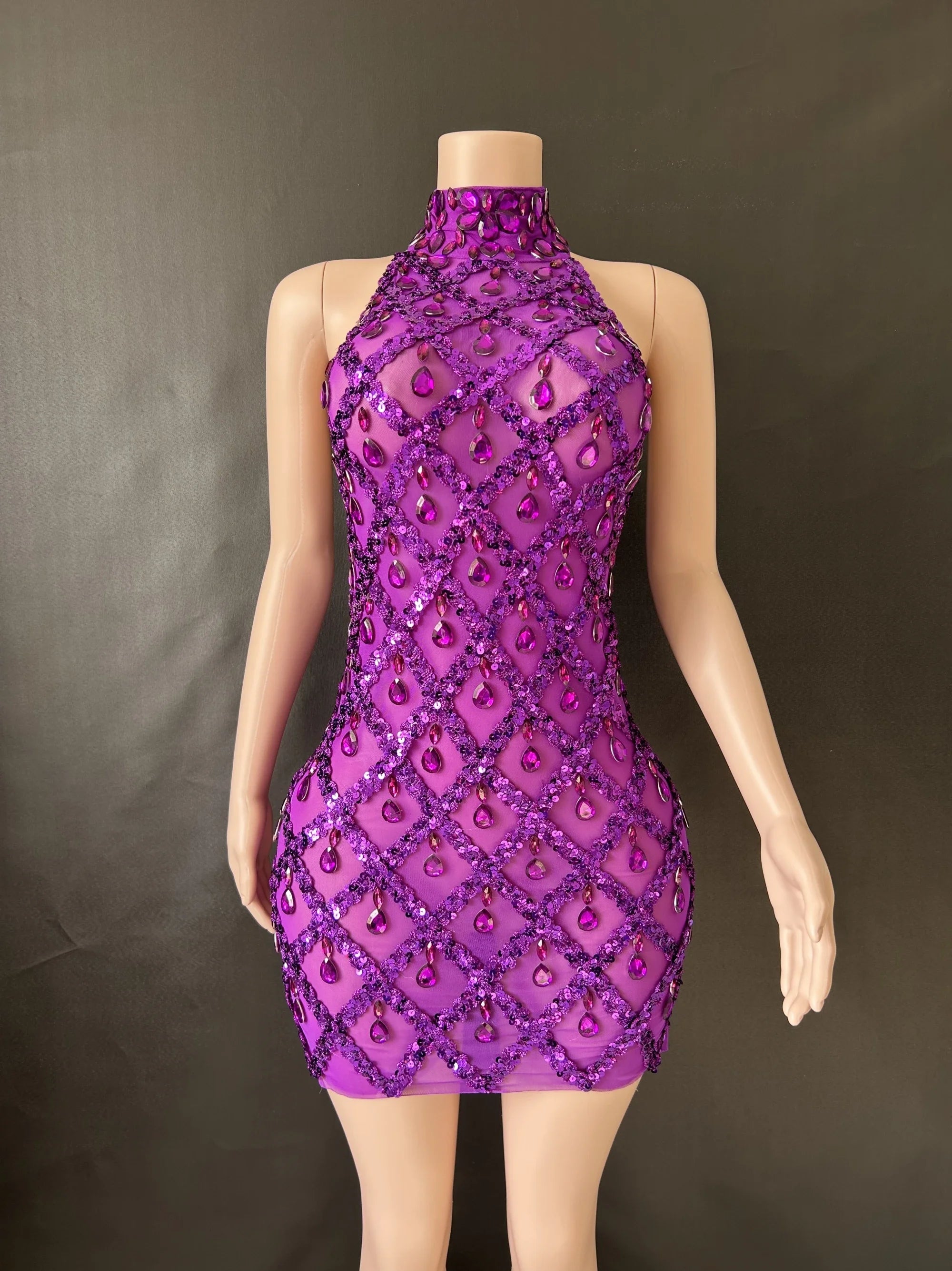 Prom Birthday Dress Transparent Rhinestone Sequins Dress