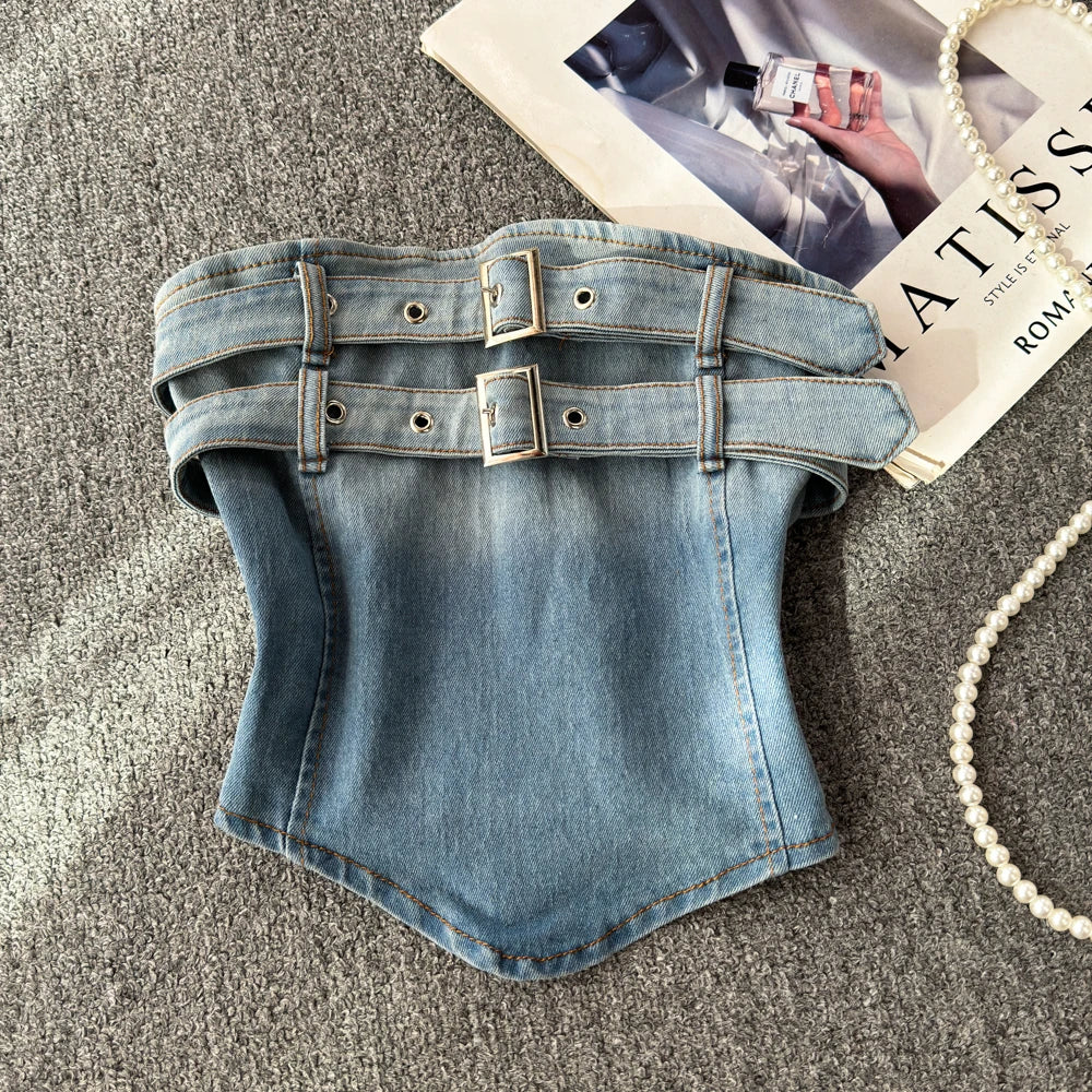 Denim Tank Top Irregular Strapless Outwear Sleeveless Top