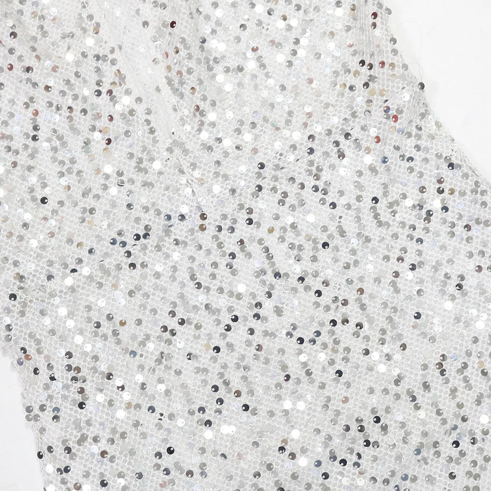 Sequined Sleeveless Cut Out One Shoulder High Split Midi Long Maxi Dress