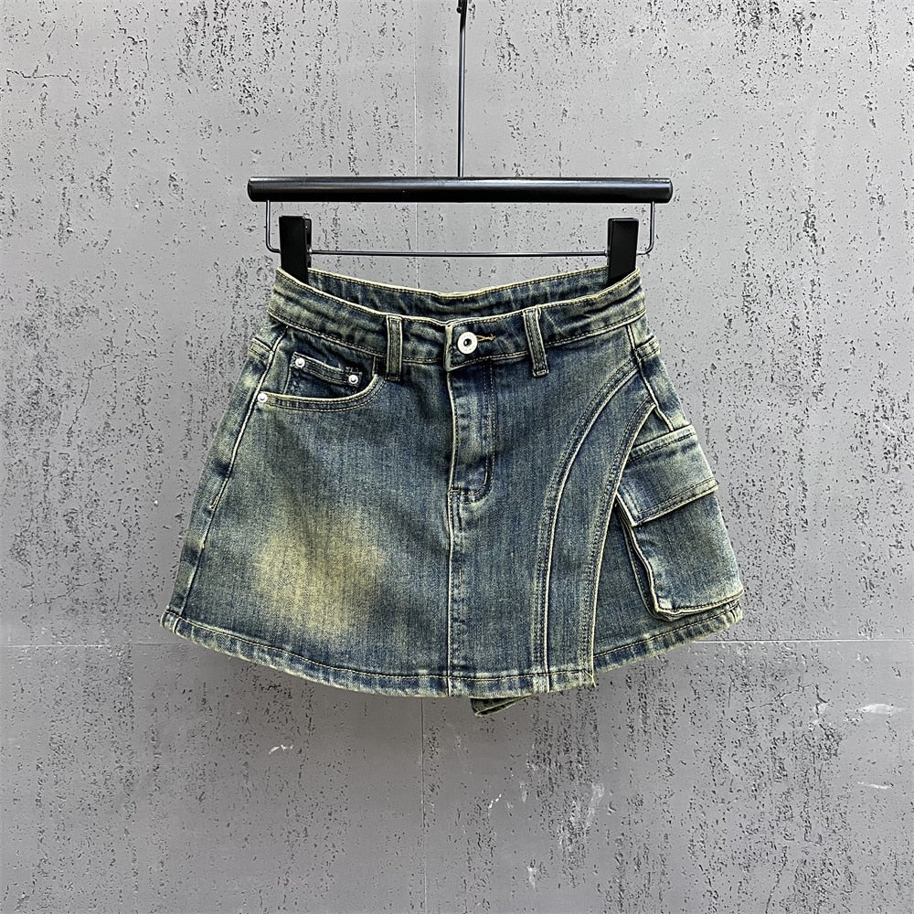 Denim Big Pockets Cargo High Waist Short A-line Mini Skirt