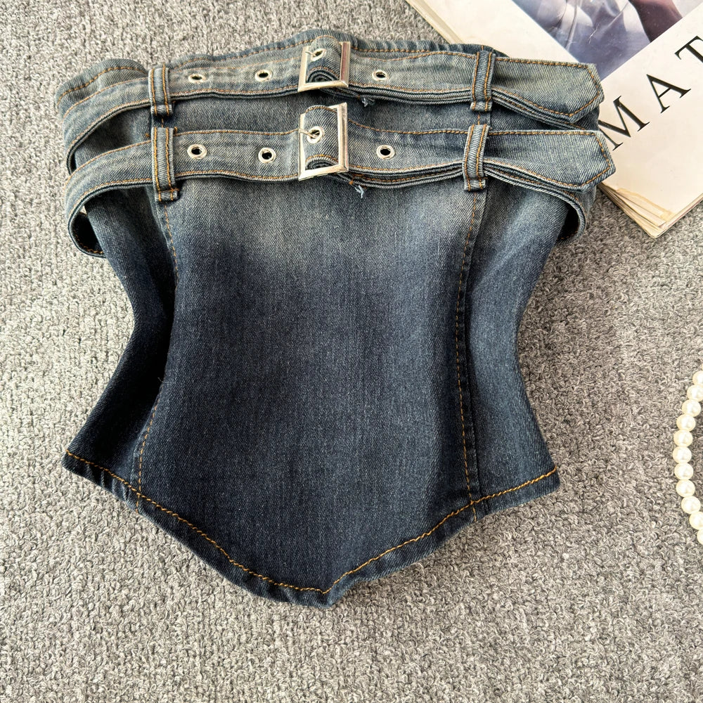 Denim Tank Top Irregular Strapless Outwear Sleeveless Top