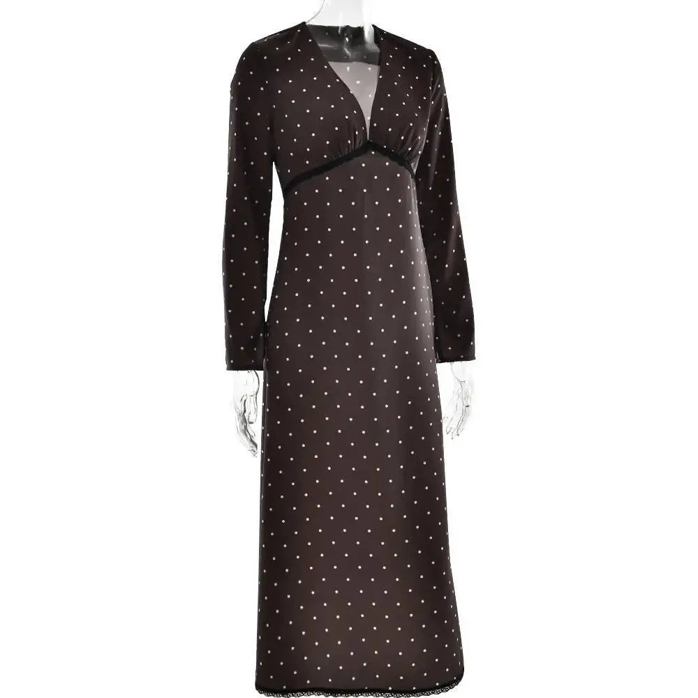 Polka Dot Long Sleeve Patchwork Lace Maxi Dress