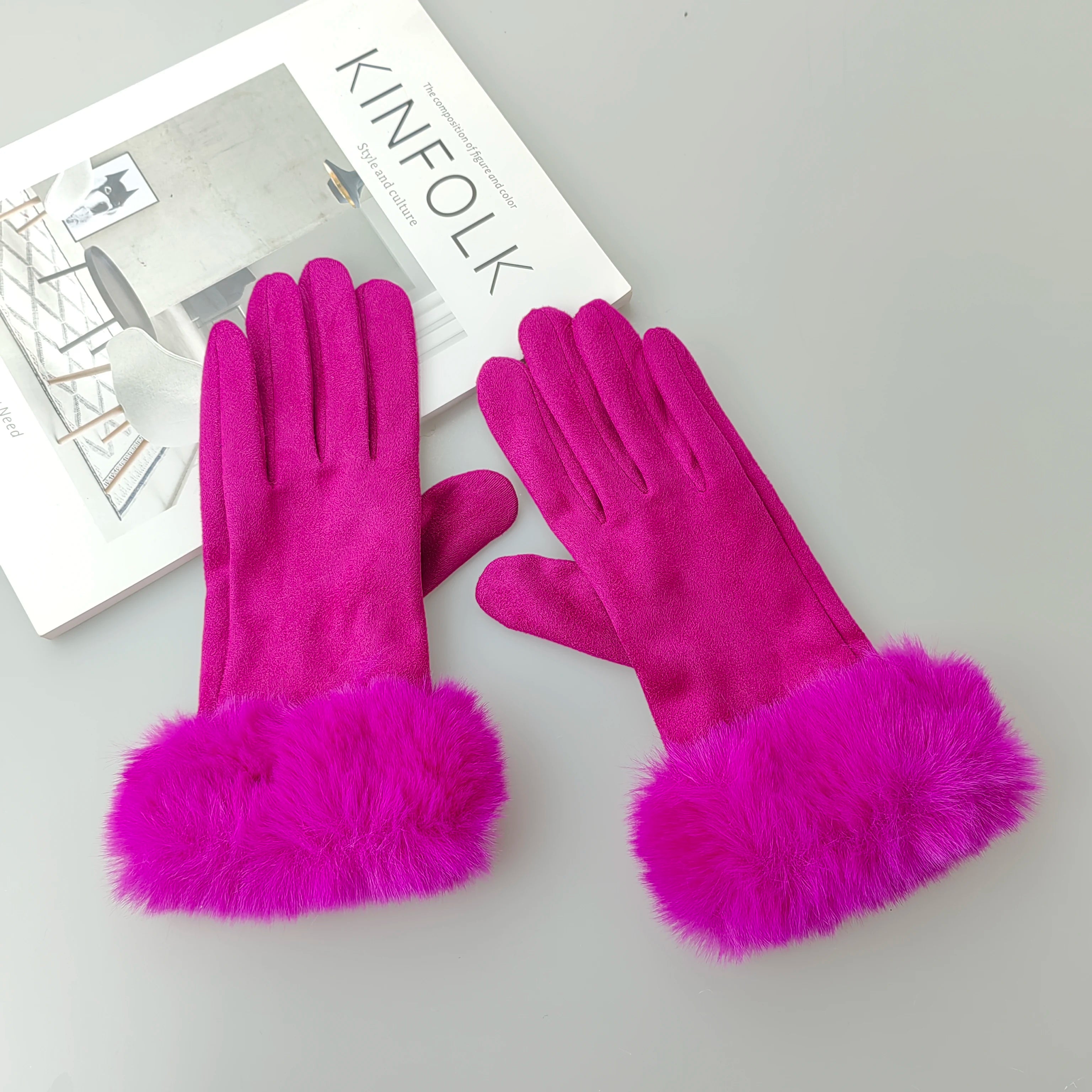 Faux Fur Suede Leather Touch Gloves