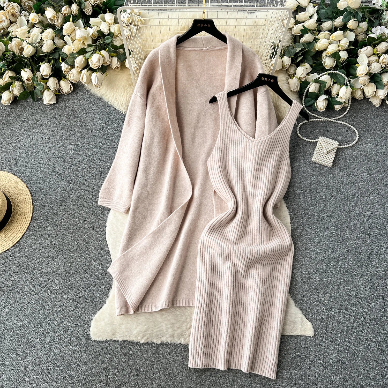 Autumn Thick Warm Knitted Suits Knit Dress+Loose Long Cardigans Sweater Casual Two Pieces Sets