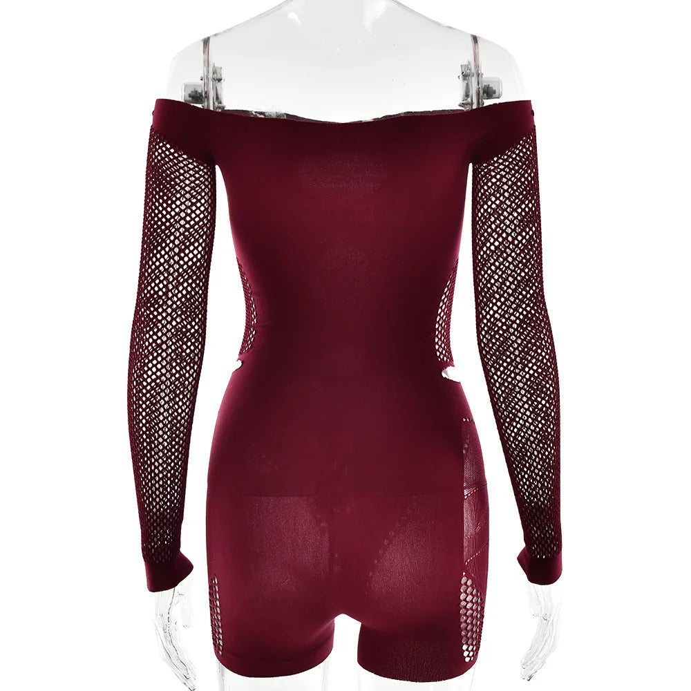 Hollow See Through Strapless Off Shoulder Full Sleeve One Piece Rompers