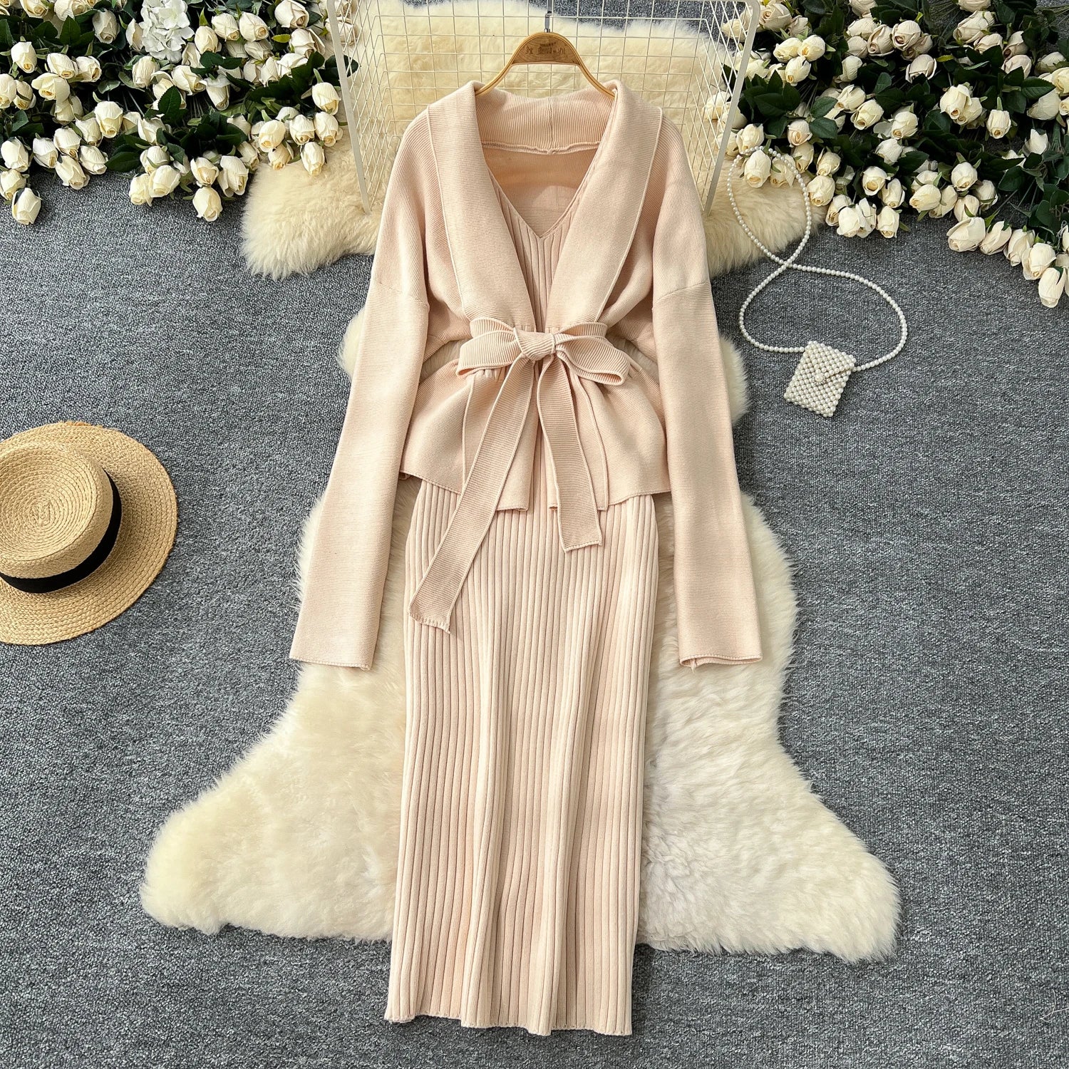 Lace Up Slim Cardigan+Sling Long Bodycon Solid Sweater Dress Two Piece Set
