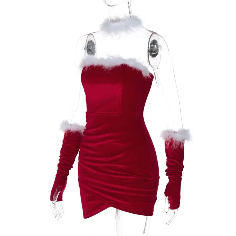 Velvet Feathers Strapless Wrap Ruched Bodycon Xmas Dress With Gloves