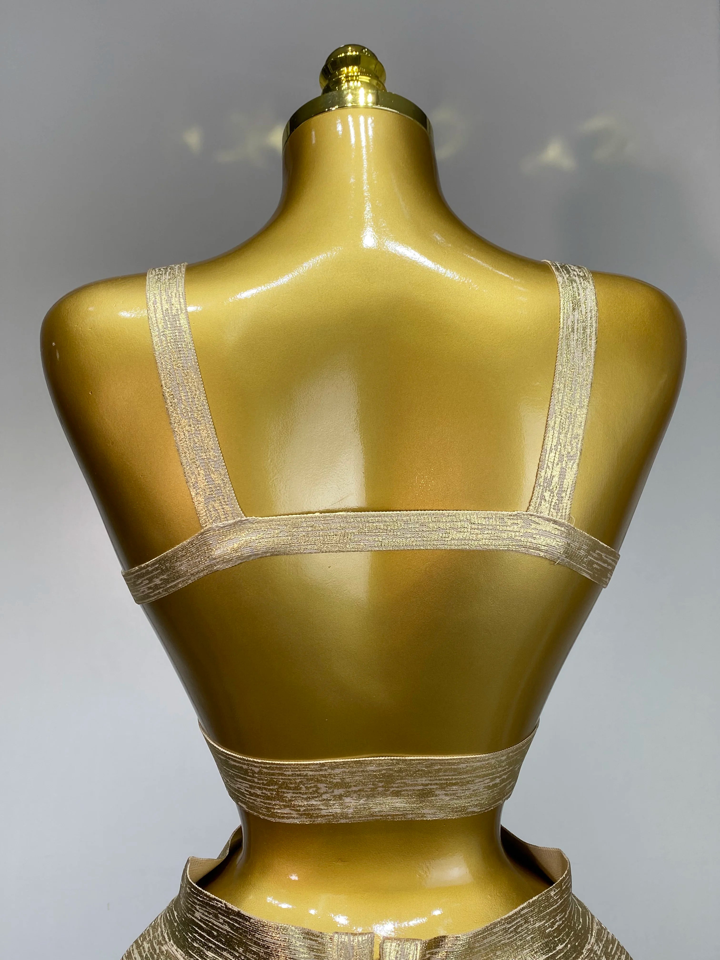 V Neck Gold Bandage Top Bodycon Skirt Two Piece Set