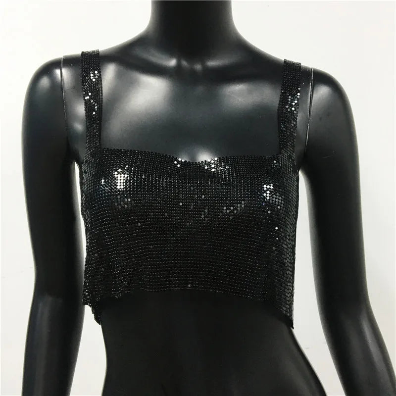 Bling Metallic Sequin Crop Top y2k Backless Straps Cropped Top